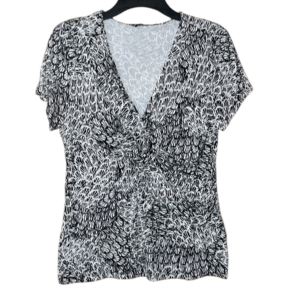 •CABLE & GAUGE•BLACK & WHITE SEASHELL PATTERN V NECK GATHER FRONT SIZE XL EUC